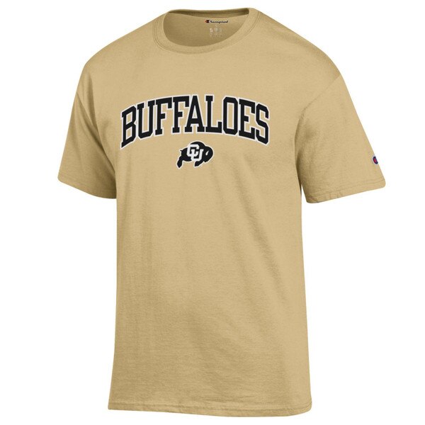 A vegas gold short sleeve tee with Buffaloes written in bold black lettering and a C-U buffalo logo underneath, and a Champion logo on the left sleeve.